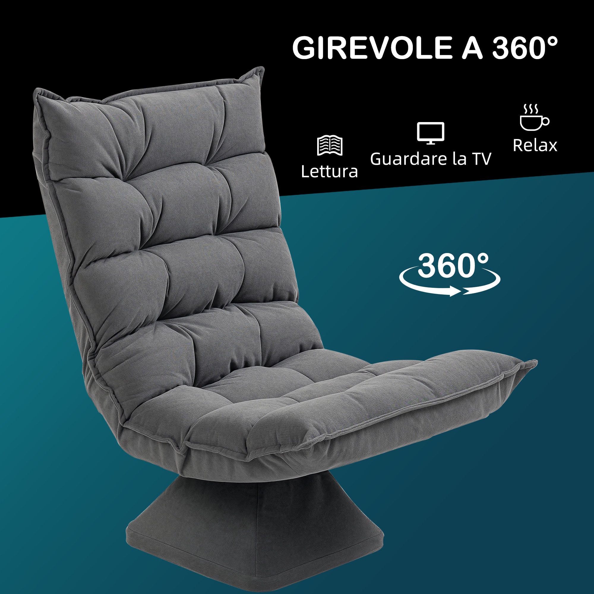 Velvet Swivel Lounge Chair with 5-Position Adjustable Backrest, 62x70x95 cm, Grey