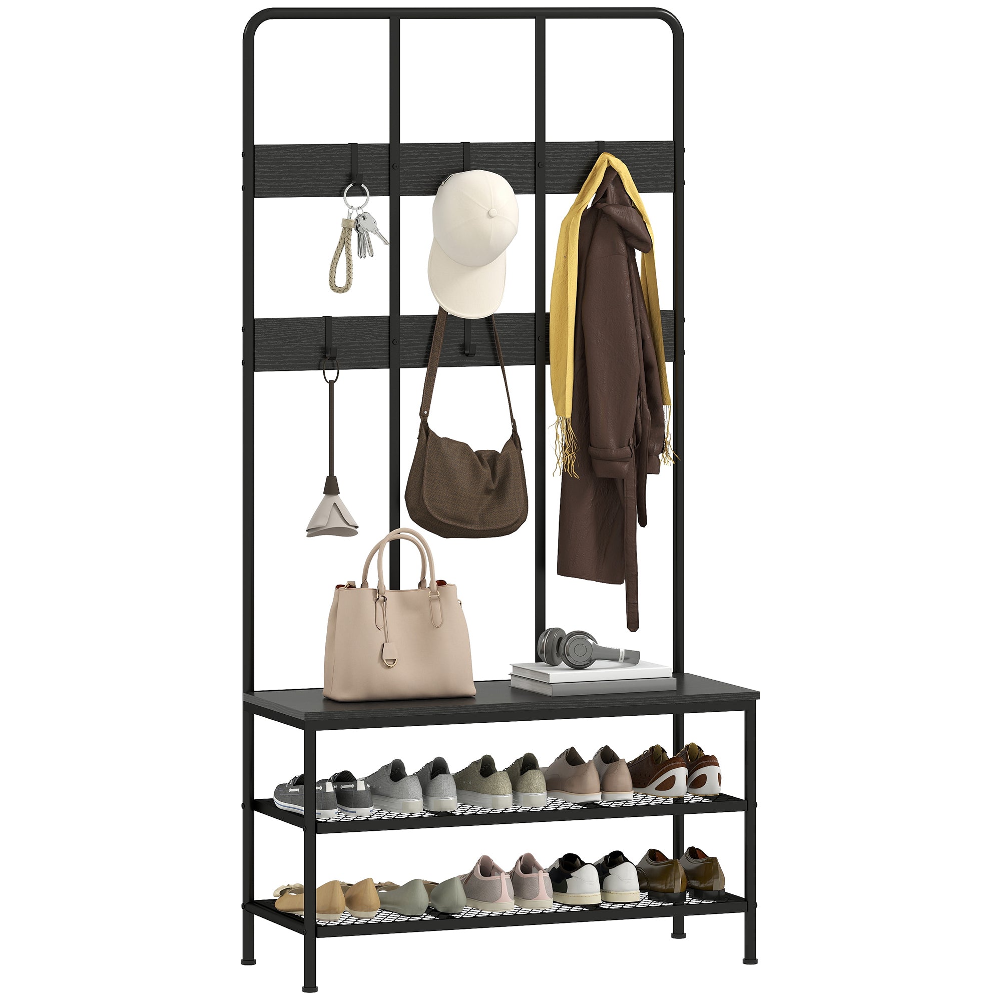 3-in-1 Hallway Coat Rack with 6 Hooks and Shoe Rack Bench, 91x36x180 cm, Black