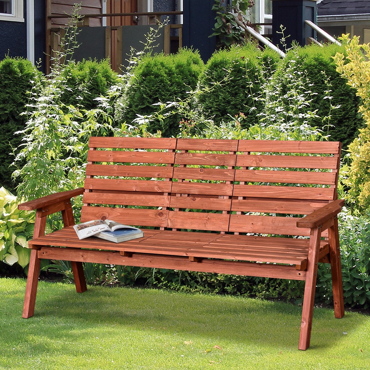 2 or 3-Seater Outdoor Bench in Fir Wood, Convertible Table in Seat, Waterproof, 160x68x92cm