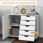 5-Drawer Side Cabinet, Adjustable Shelf, Office Storage Cabinet on Wheels, Printer Stand for Home Office, White