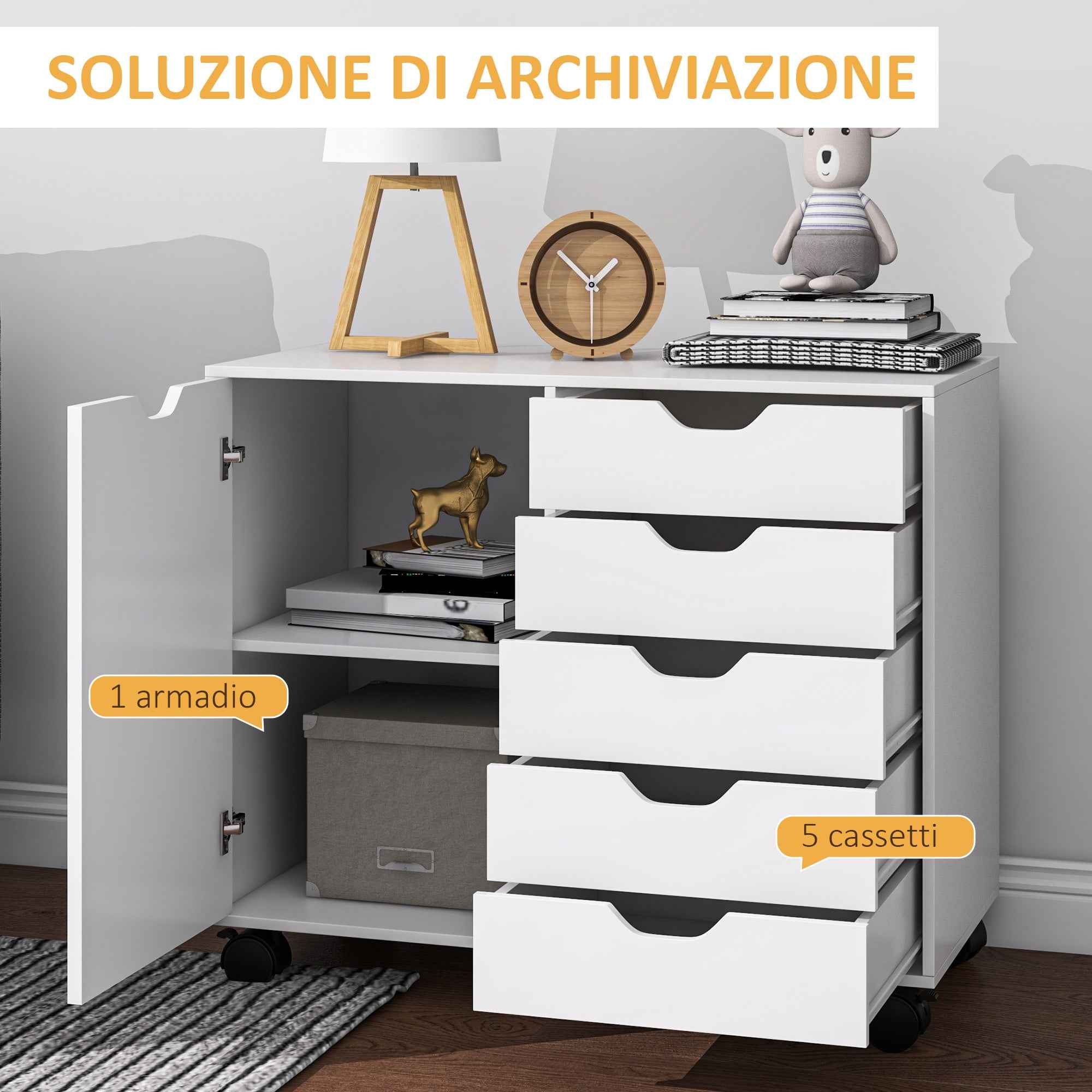 5-Drawer Side Cabinet, Adjustable Shelf, Office Storage Cabinet on Wheels, Printer Stand for Home Office, White