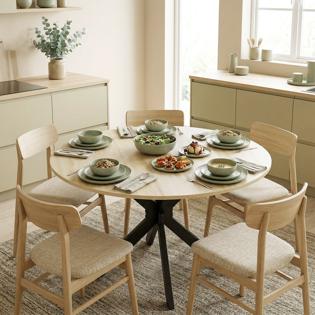 HOMCOM Round Folding Drop-Leaf Table for 2-6 People, in Wood and Steel, 110x110x76 cm, Wood Color