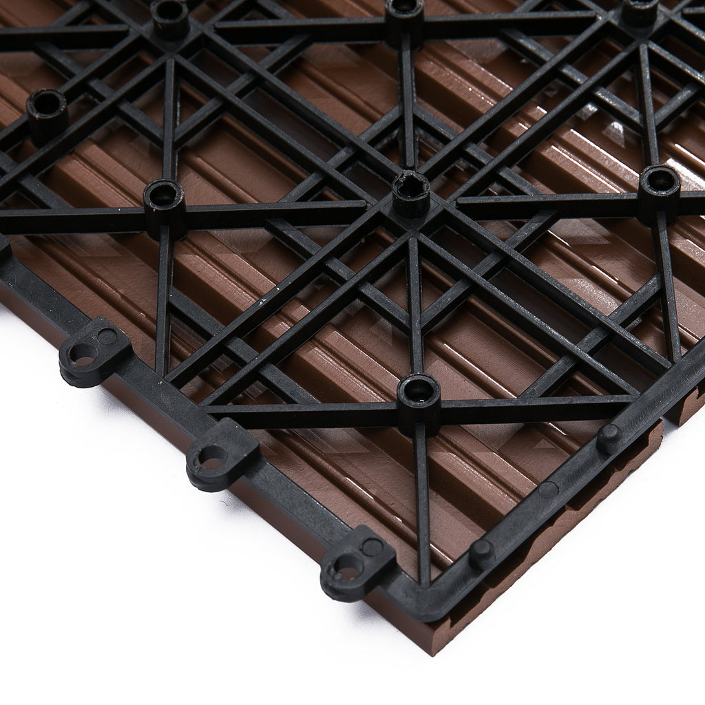 Set of 11 Non-Slip Interlocking Outdoor Tiles in Recycled HDPE, 30x30x2.2 cm, Brown