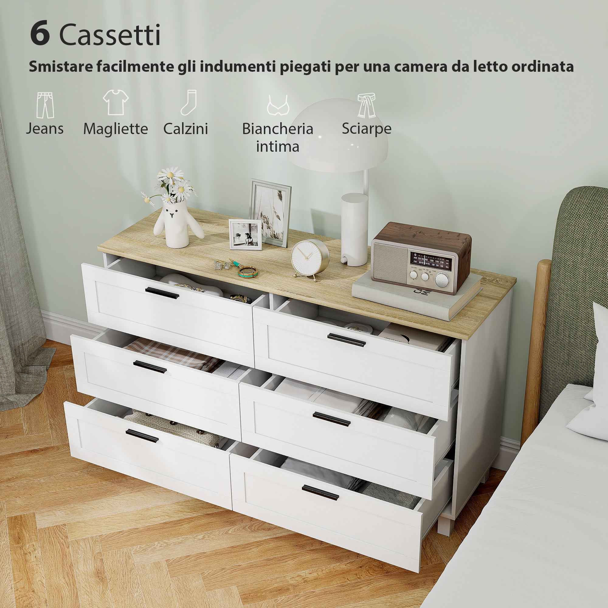 HOMCOM Modern 6-Drawer Chest of Drawers in Chipboard, Pine Wood and MDF, 120x38x71 cm, White and Wood Color