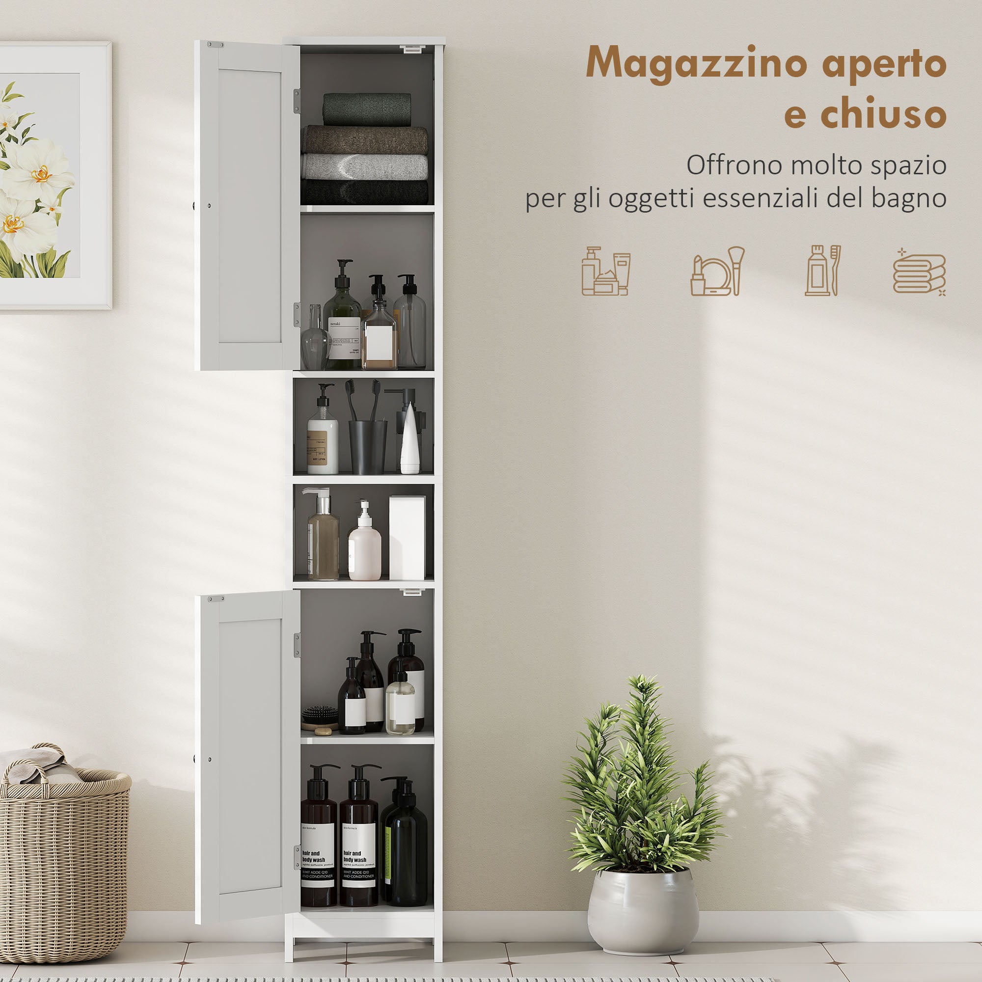 Tall Bathroom Cabinet with 2 Open Shelves and 2 Adjustable Shelving Cabinets, Wooden, 30x30x170 cm, White