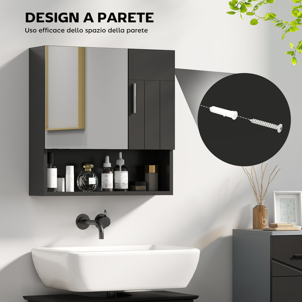 Wooden Bathroom Mirror Cabinet with Adjustable Shelves and Open Shelf, 54x15.2x55.3 cm, Black