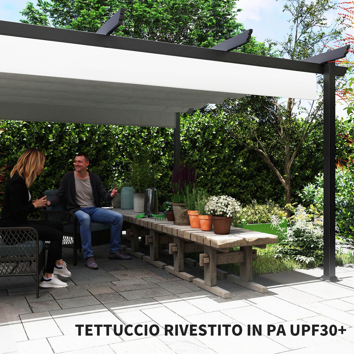 Gazebo Pergola 4x4 m with Retractable Roof, 8 Screws and 8 Pegs in Aluminum, Polyester and Metal, White