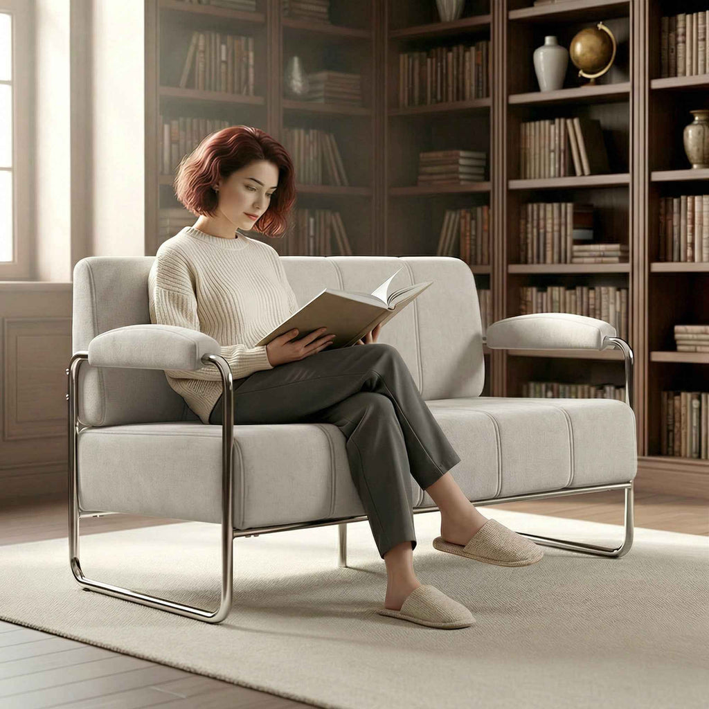 HOMCOM 2-Seater Modern Sofa Upholstered in Beige Chenille, Made of Steel, Sponge and Plywood, 120x73x76 cm