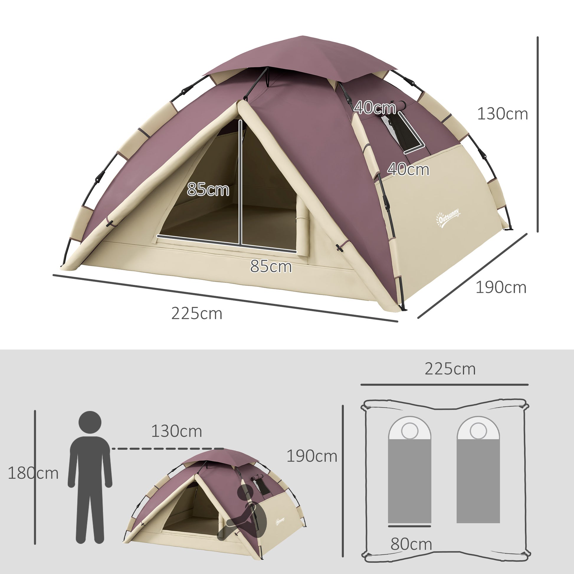 Outsunny 2-Person Camping Tent with 2 Windows and Hook, in Polyester and Fiberglass, 225x190x130 cm, Khaki - Borgè