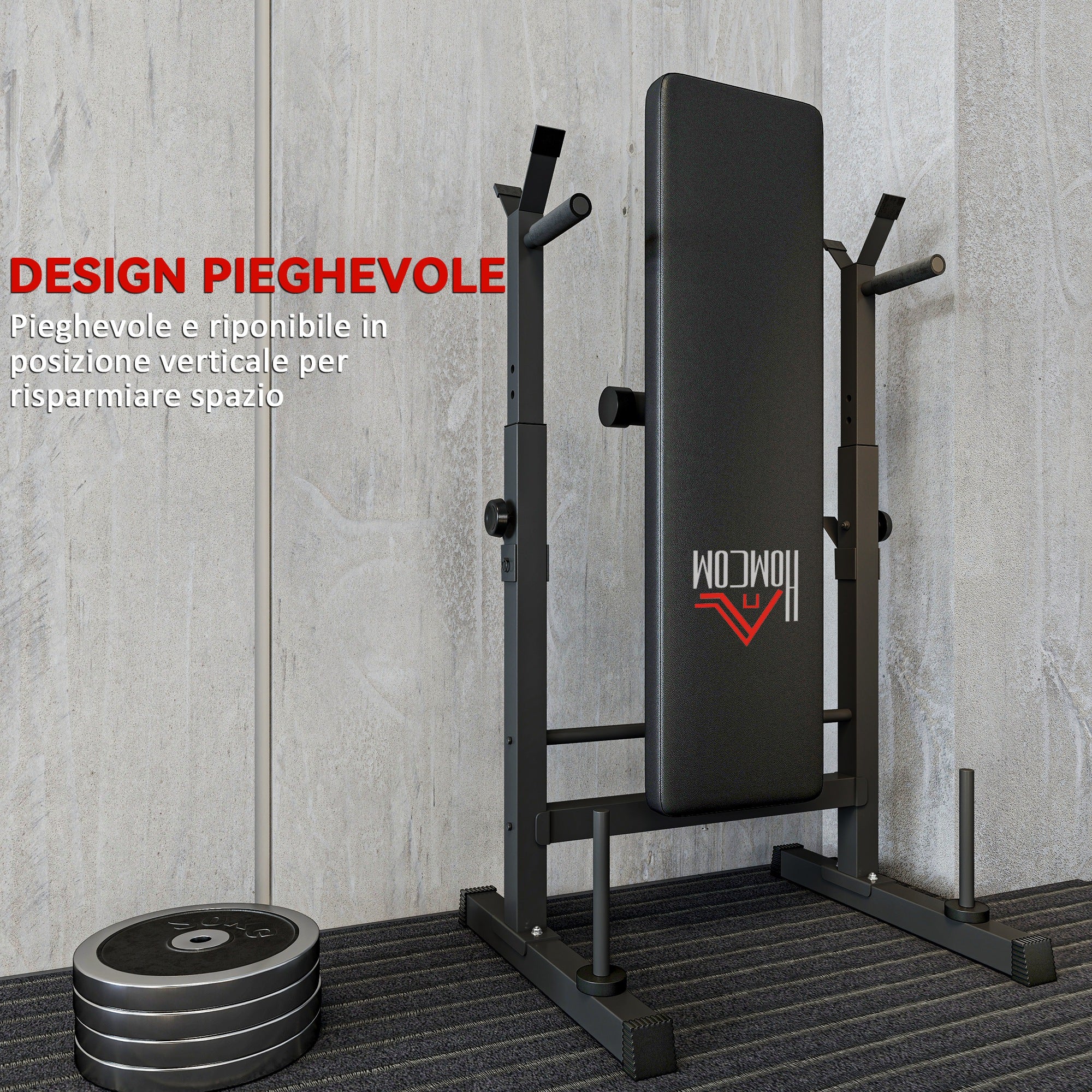 Folding Weight Bench with 8 Adjustable Heights and Steel and PU Barbell Rack, 140x73x98-122 cm, Black