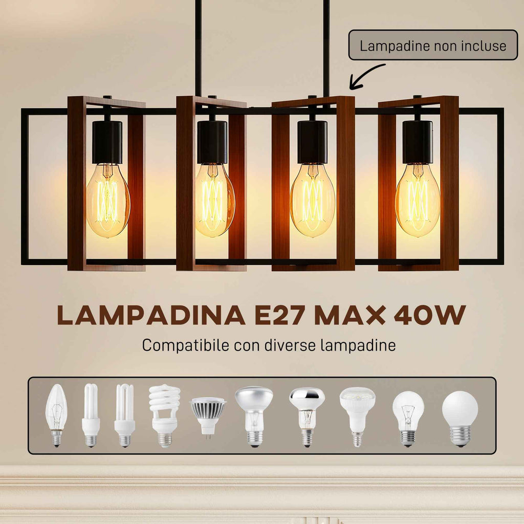 HOMCOM Rustic Pendant Light with 4 Rotatable Frames and Adjustable Chain, 80x21x90-130 cm, Black and Brown