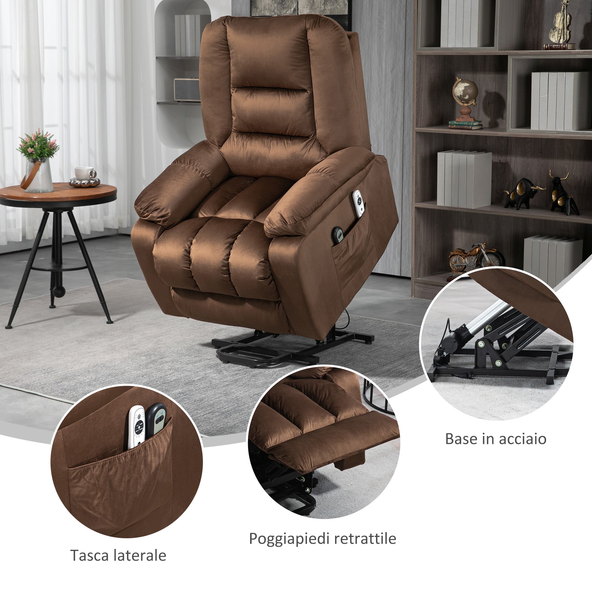 HOMCOM Relaxing Lift Chair, Reclining, Massaging and Heated in Velvet, Brown - Borgè