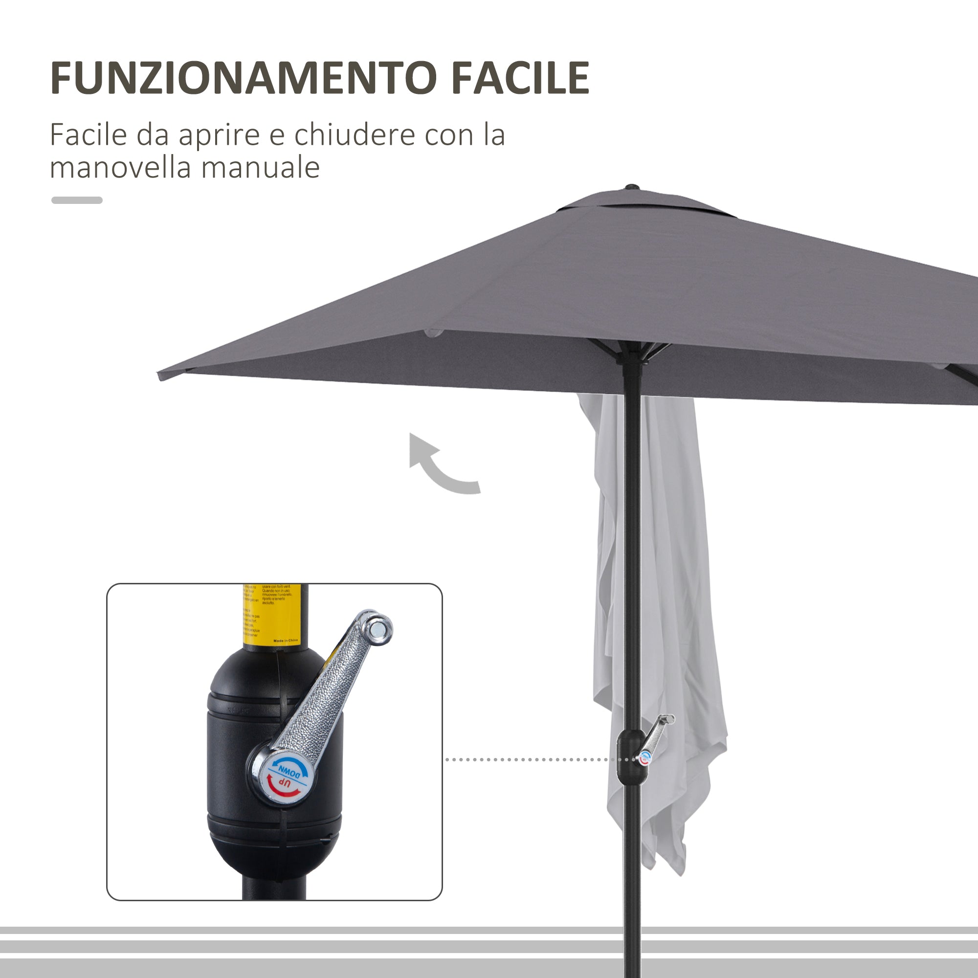 Space-saving Mezzaluna Wall Parasol with Crank Opening, Grey - Borgè