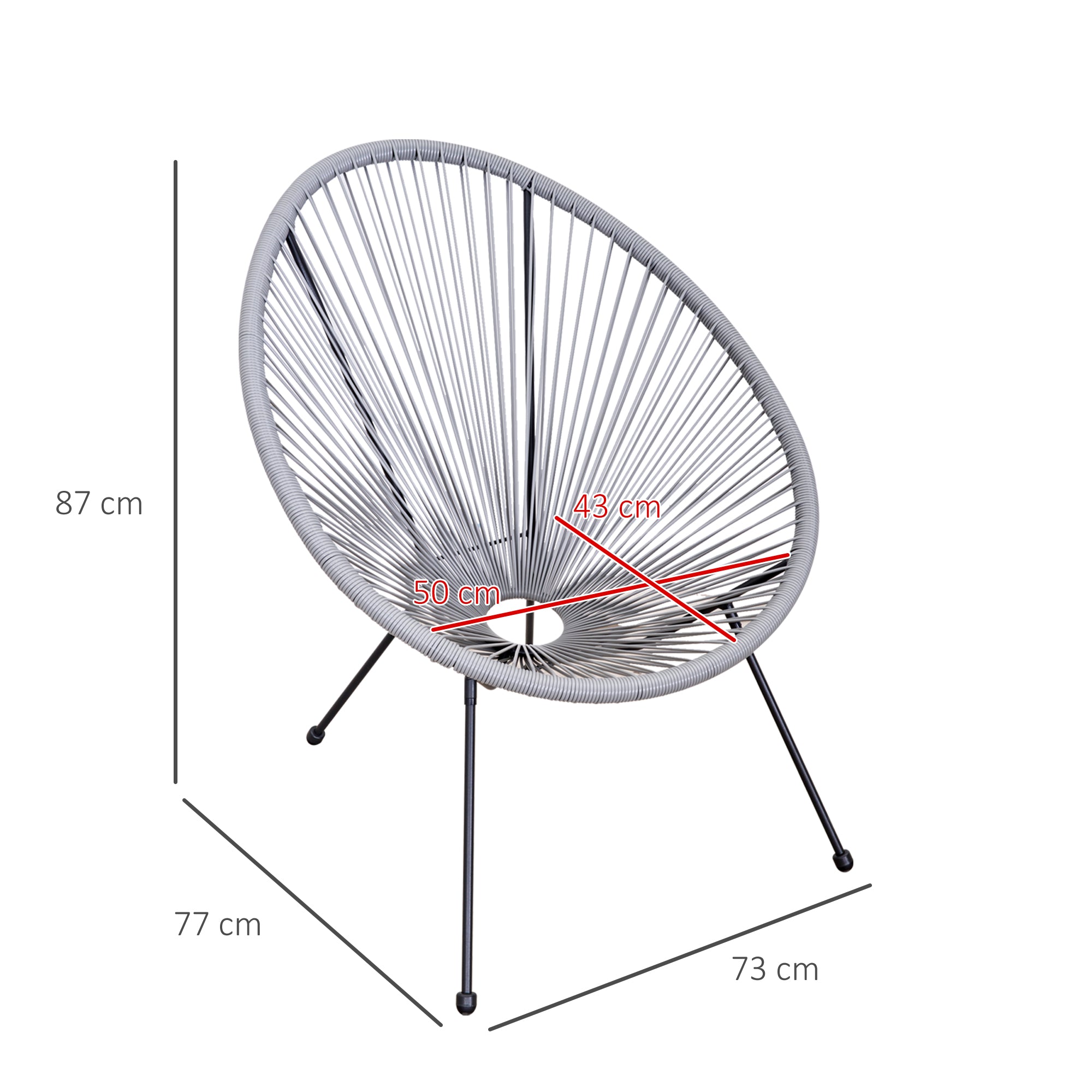 Set of 4 Oval Garden Chairs in PE Rattan and Metal in Boho Chic Style, Light Grey