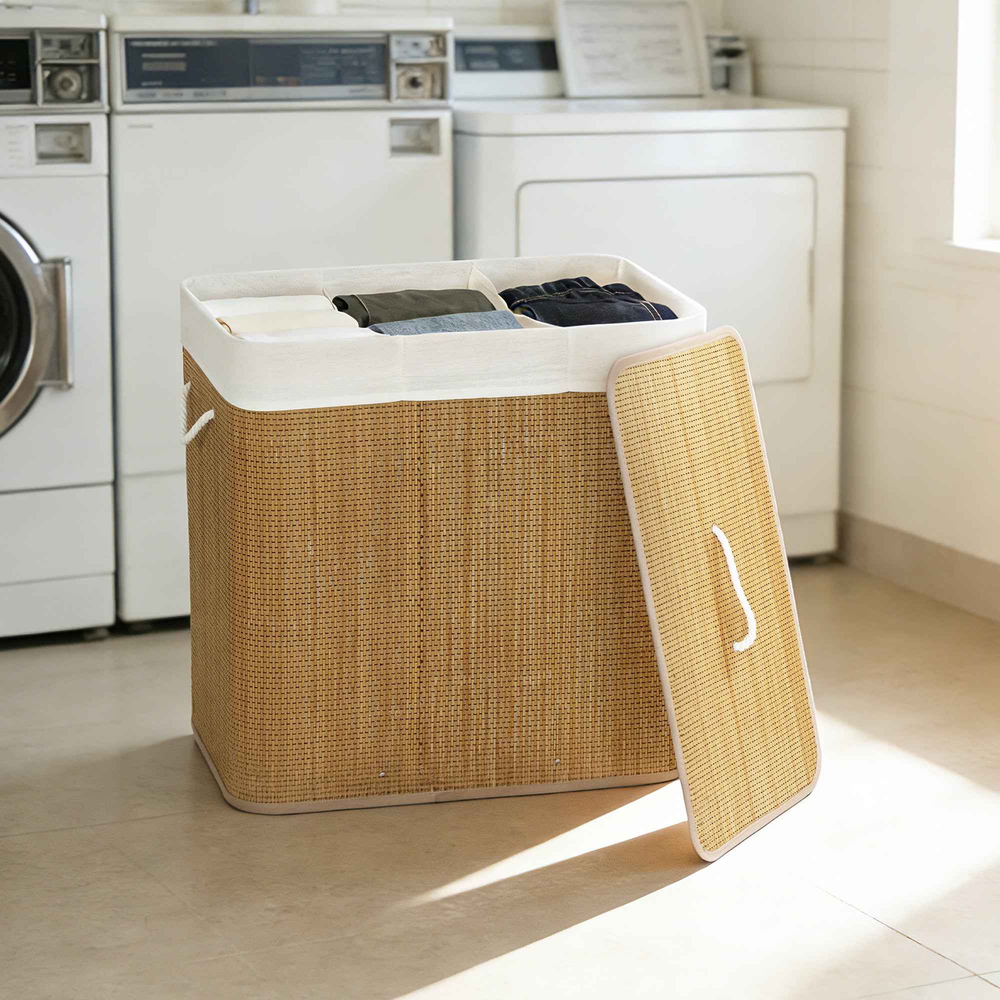 HOMCOM Bamboo Laundry Hamper with Lid, 144L, 3 Compartments, Removable and Washable Bag, Handles, Brown