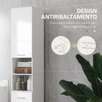 kleankin Bathroom Column with Drawer, 2 Open Shelves and 2 Double-Tier Cabinets, Made of Wood, 30x30x180 cm, Gloss White