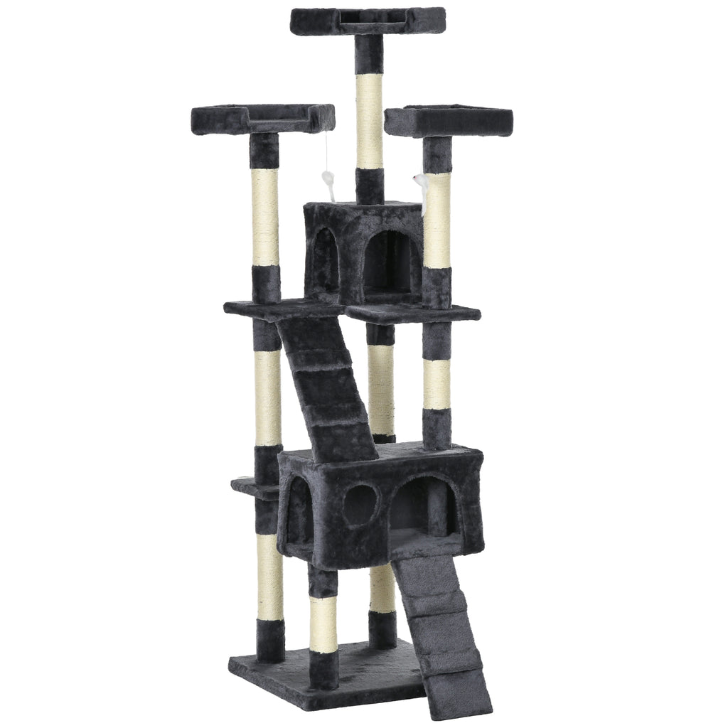 PawHut Cat Tree with 3 Perches, 2 Houses and Hanging Toys, Made of Wood and Plush, Dark Grey