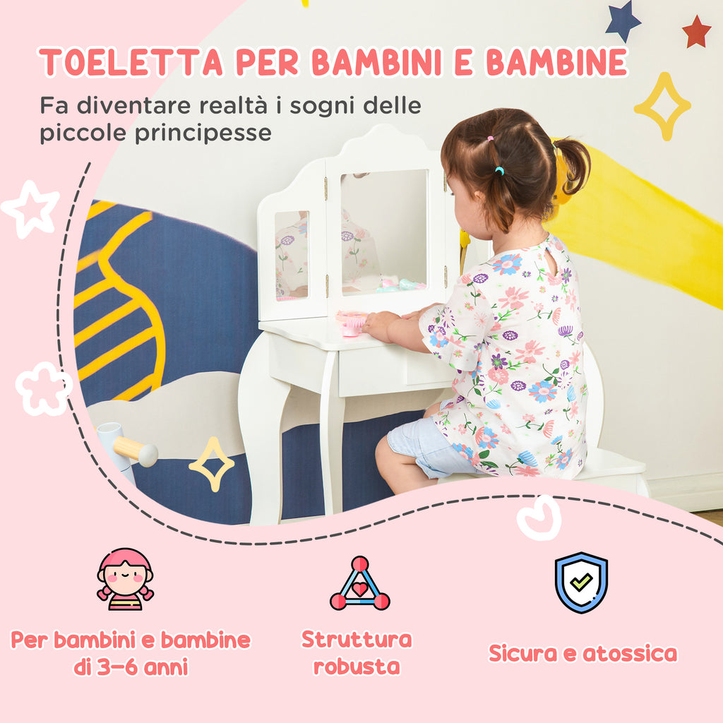 Children's Dressing Table with Stool and Triple Mirror, Wood and Acrylic, 63x40x85.5 cm, White