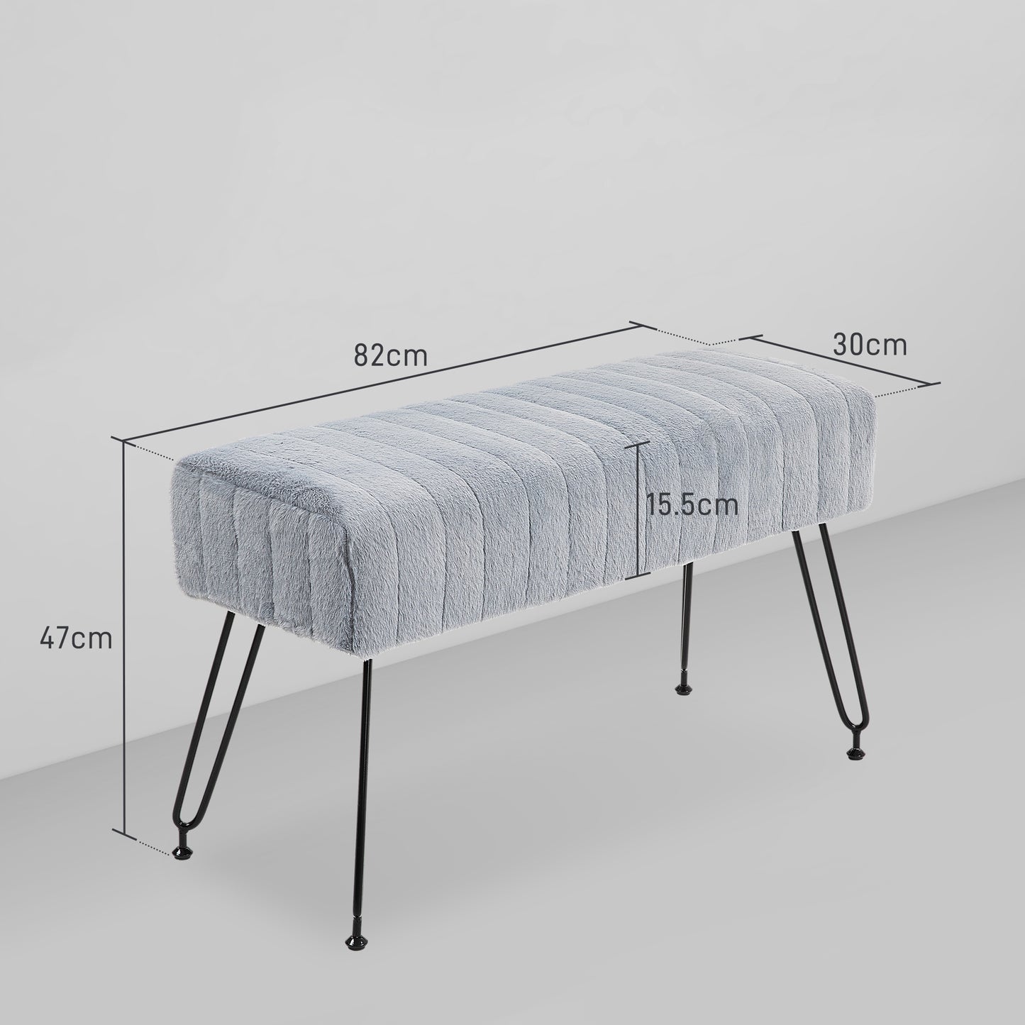 Plush Upholstered Bed End Bench, Wood and Metal, 82x30x47 cm, Grey and Black