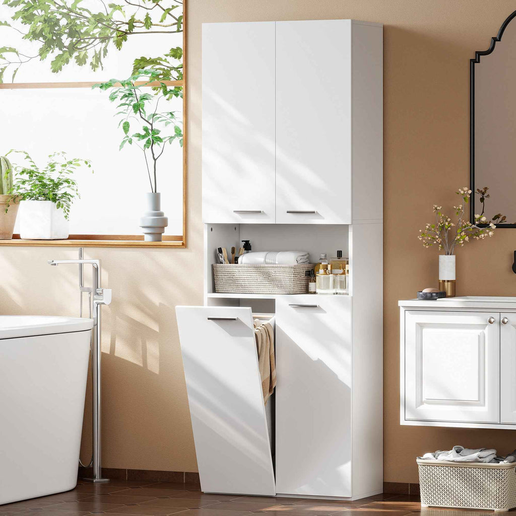 HOMCOM 2-Door Bathroom Cabinet with Drop-Leaf Laundry Basket and Open Shelf, 60x30x174 cm, Wood, White