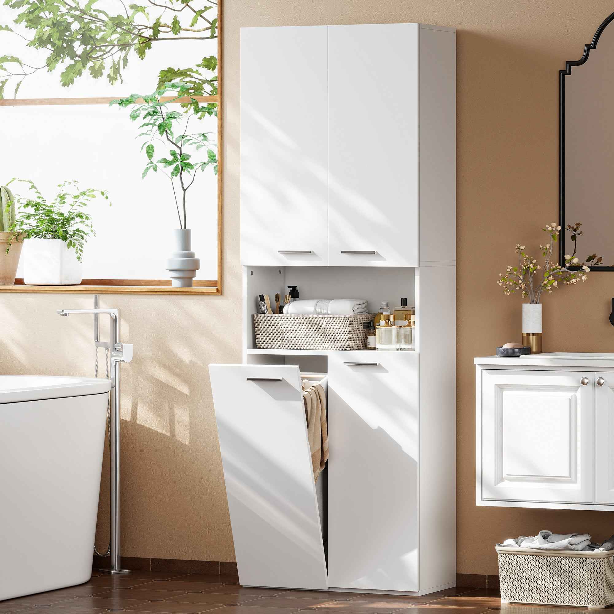 HOMCOM 2-Door Bathroom Cabinet with Drop-Leaf Laundry Basket and Open Shelf, 60x30x174 cm, Wood, White