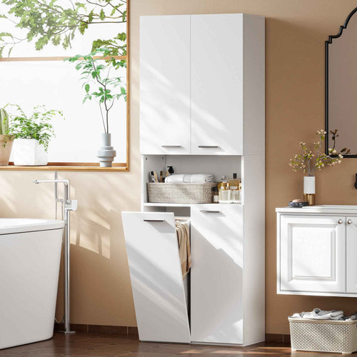 HOMCOM 2-Door Bathroom Cabinet with Drop-Leaf Laundry Basket and Open Shelf, 60x30x174 cm, Wood, White