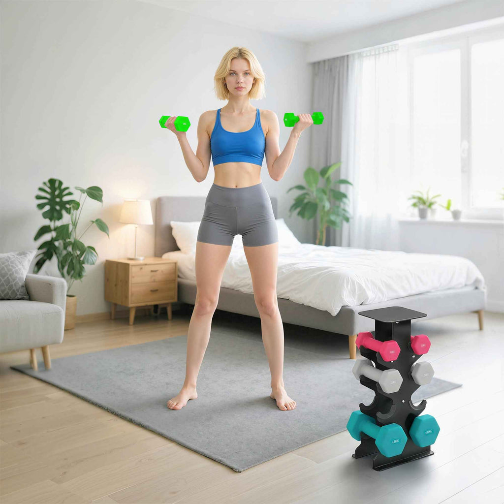 SPORTNOW Set of 8 Non-Slip Hex Dumbbells with Stand, in Metal and Plastic, Multicolored