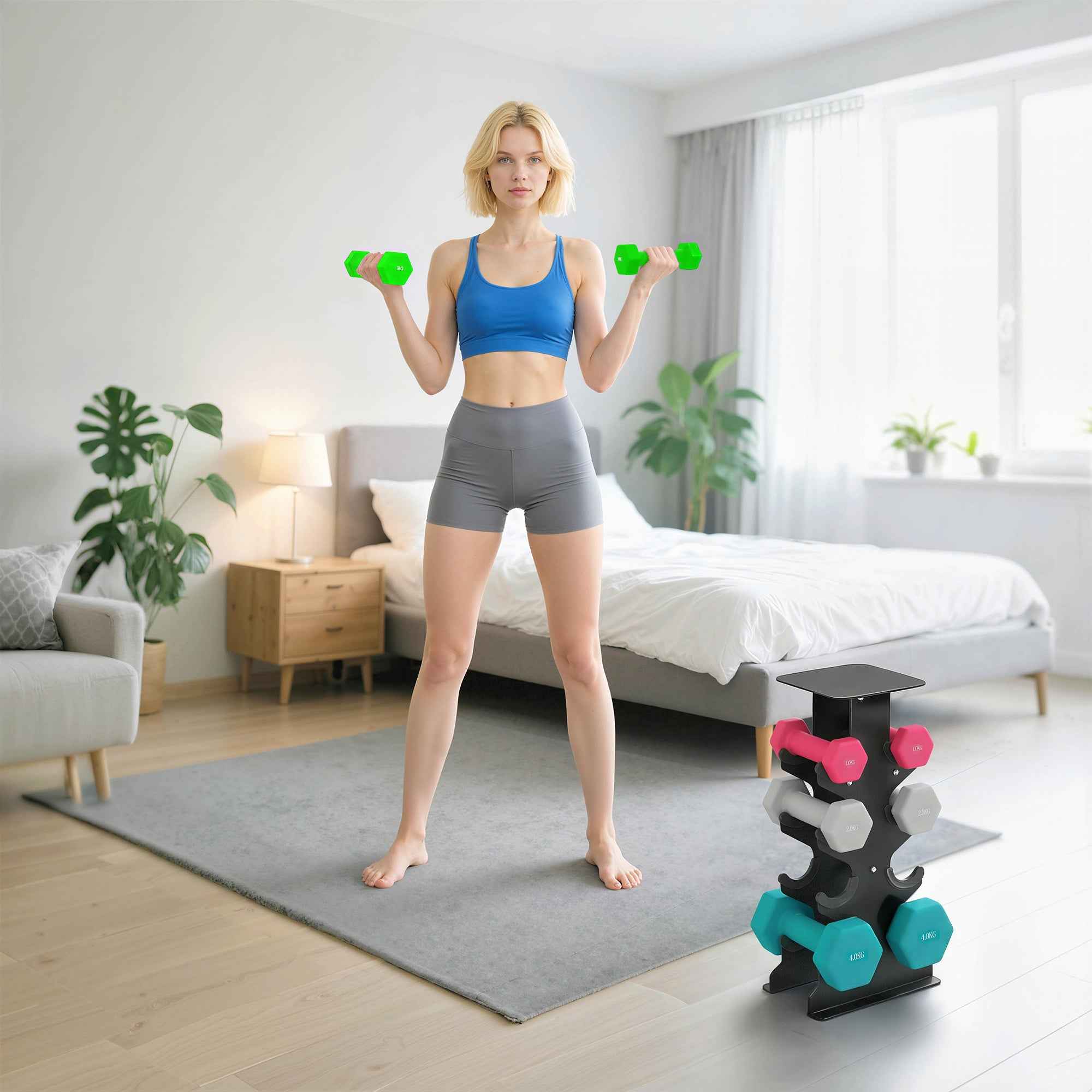 SPORTNOW Set of 8 Non-Slip Hex Dumbbells with Stand, in Metal and Plastic, Multicolored