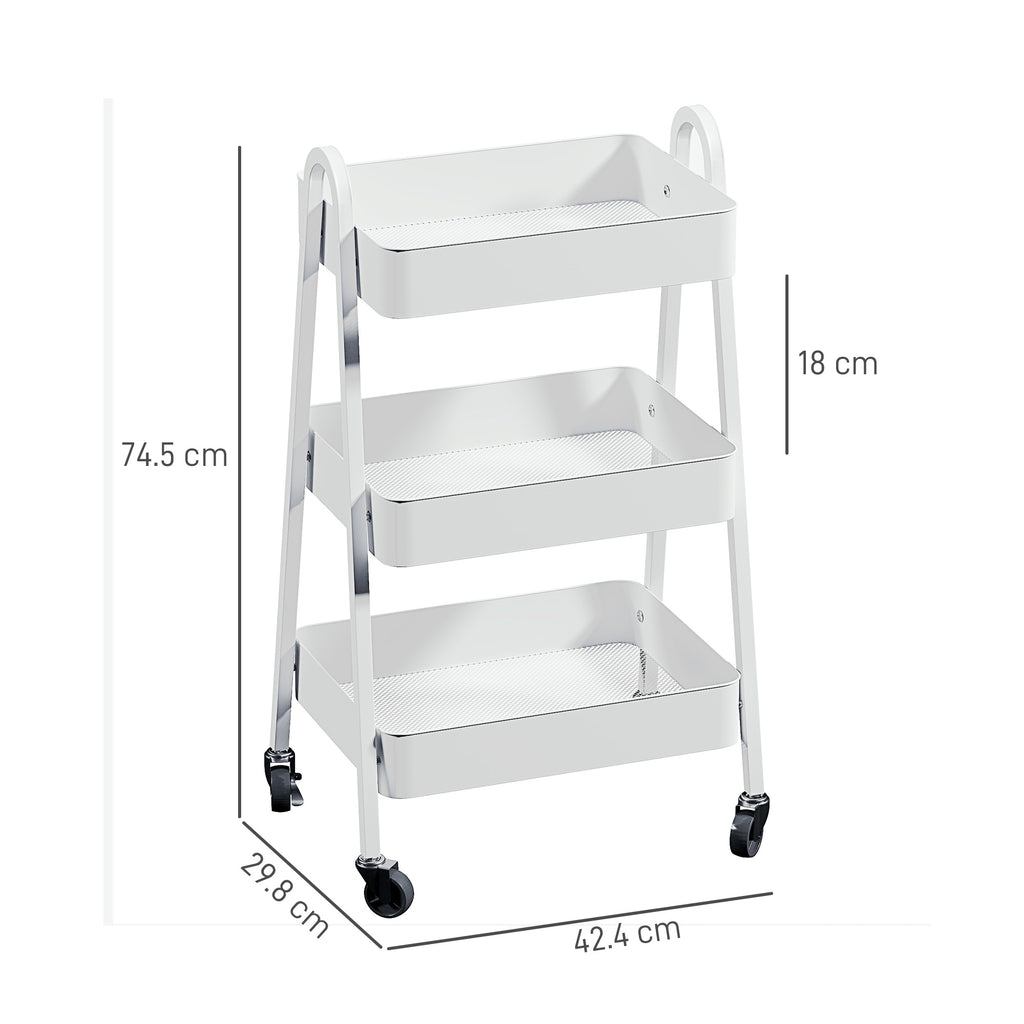 Multipurpose 3-Tier Kitchen Trolley, Swivel Wheels with Brake and Handles, White