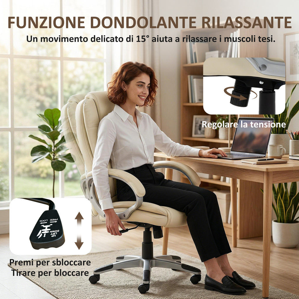 HOMCOM PU Leather Swivel Office Chair with Rocking, High Backrest and Adjustable Height, Beige