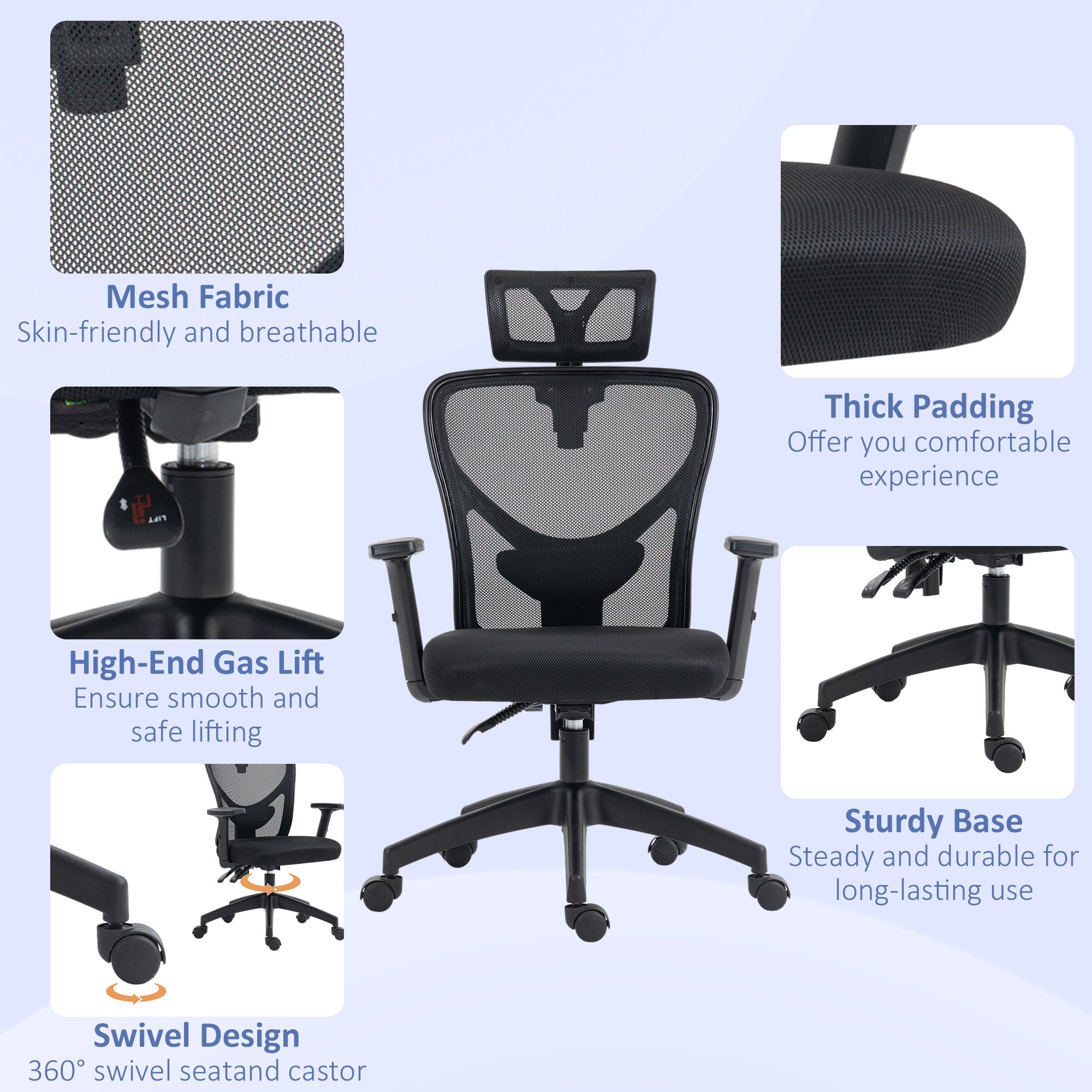 Ergonomic office chair with adjustable height, lumbar support and headrest, 66x61x106-116cm black - Borgè