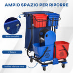 Cleaning Trolley with Garbage Bag, 4 Buckets and Mop Wringer, 93x80x97 cm, Red Blue and Black