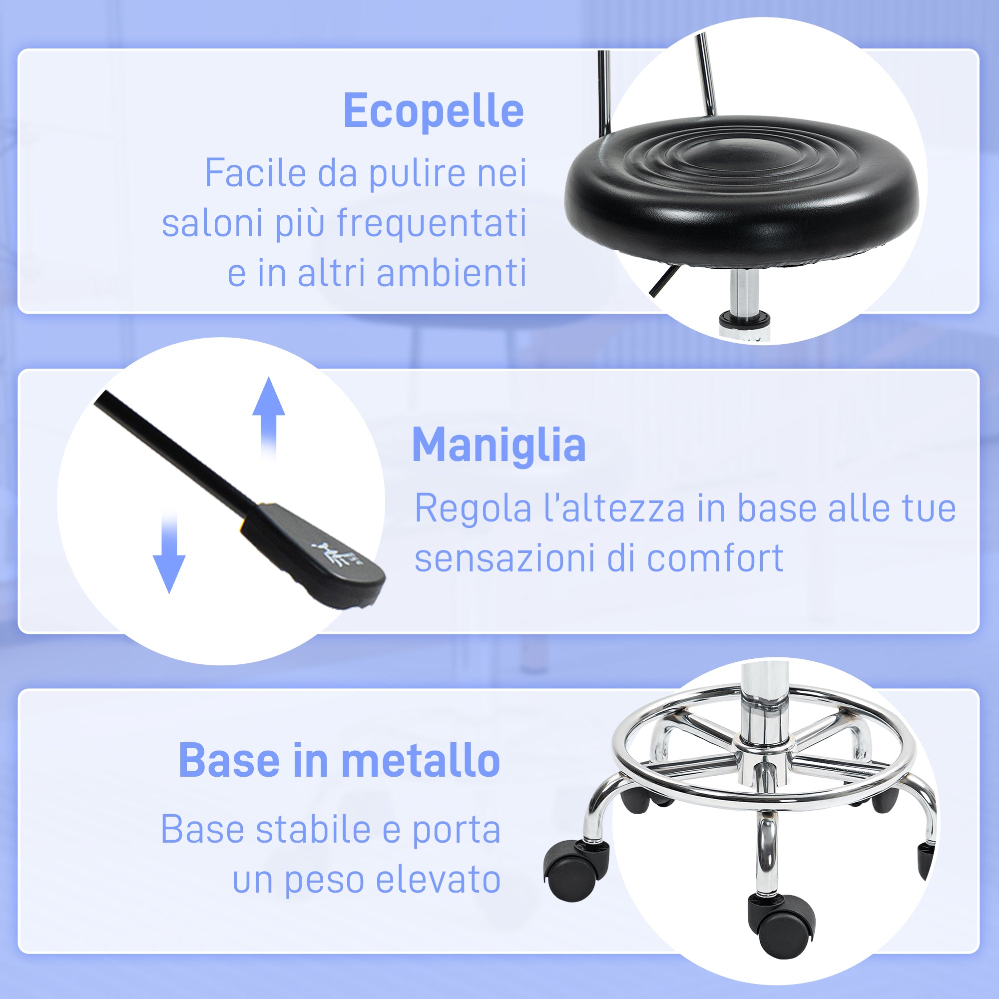 HOMCOM Adjustable 360° Swivel Stool with Backrest, Wheels and Footrest, in Steel, Faux Leather and Foam, Black
