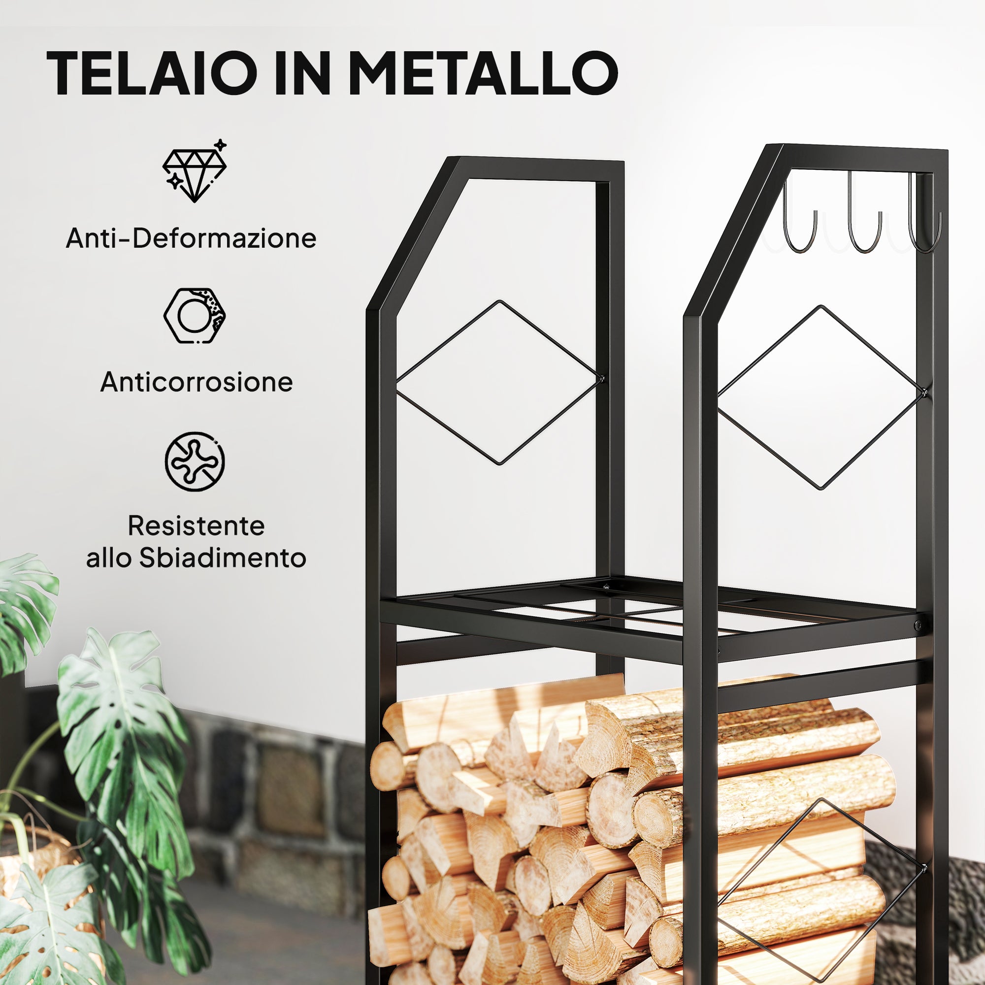 2-Tier Indoor and Outdoor Log Rack with 3 Side Hooks in Steel, 41x30x81 cm, Black