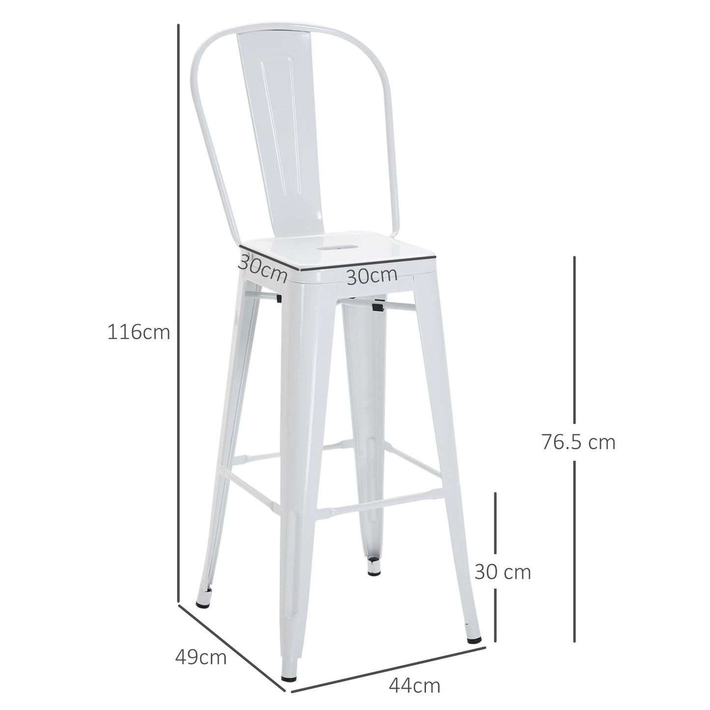 Set of 2 Stackable Metal Bar Stools with Removable Backrest and Footrest, White