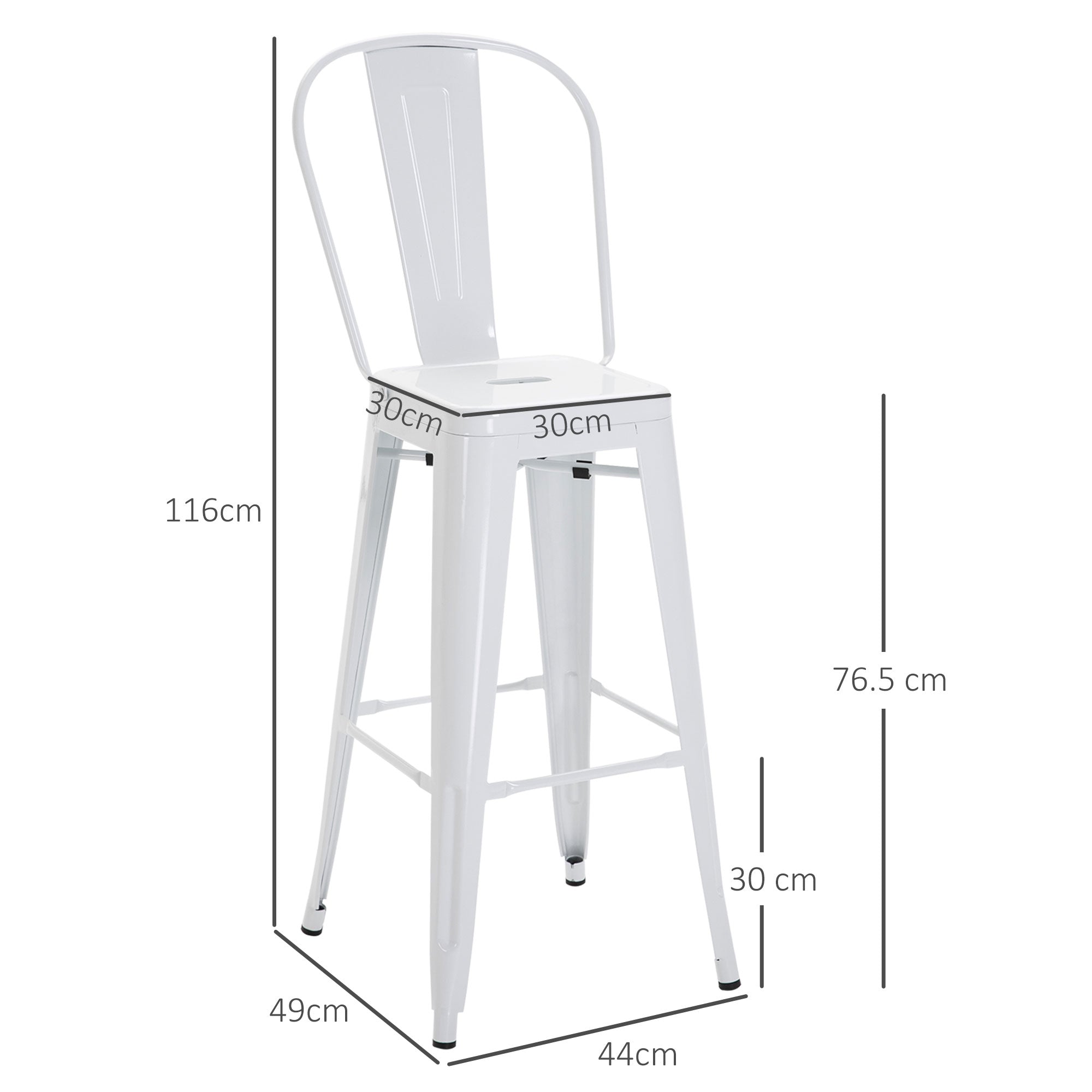 Set of 2 Stackable Metal Bar Stools with Removable Backrest and Footrest, White
