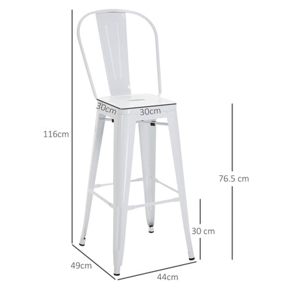 Set of 2 Stackable Metal Bar Stools with Removable Backrest and Footrest, White