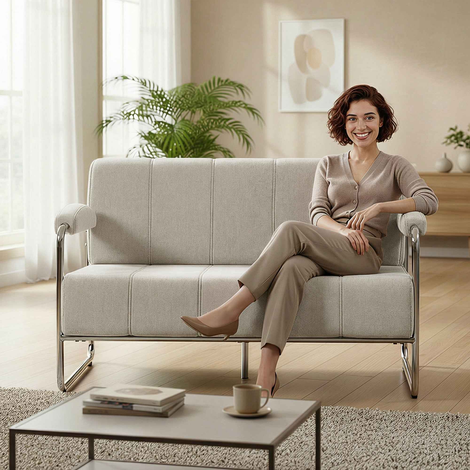 HOMCOM 2-Seater Modern Sofa Upholstered in Beige Chenille, Made of Steel, Sponge and Plywood, 120x73x76 cm