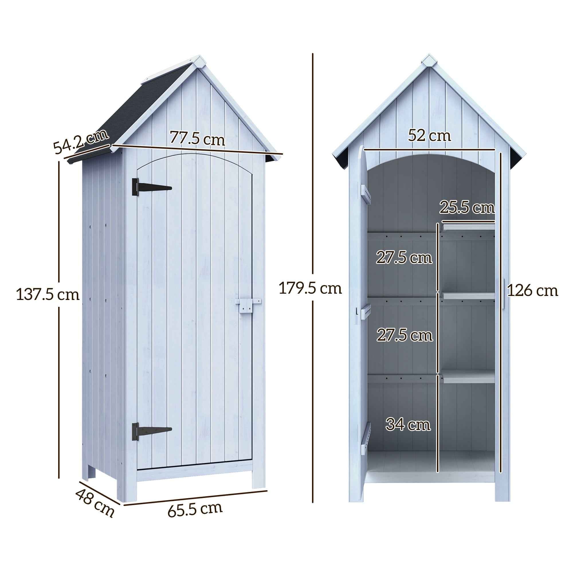 Outsunny 3-Shelf Wooden Tool Shed with Waterproof Bitumen Roof, 77.5 x 54.2 x 179.5 cm, White