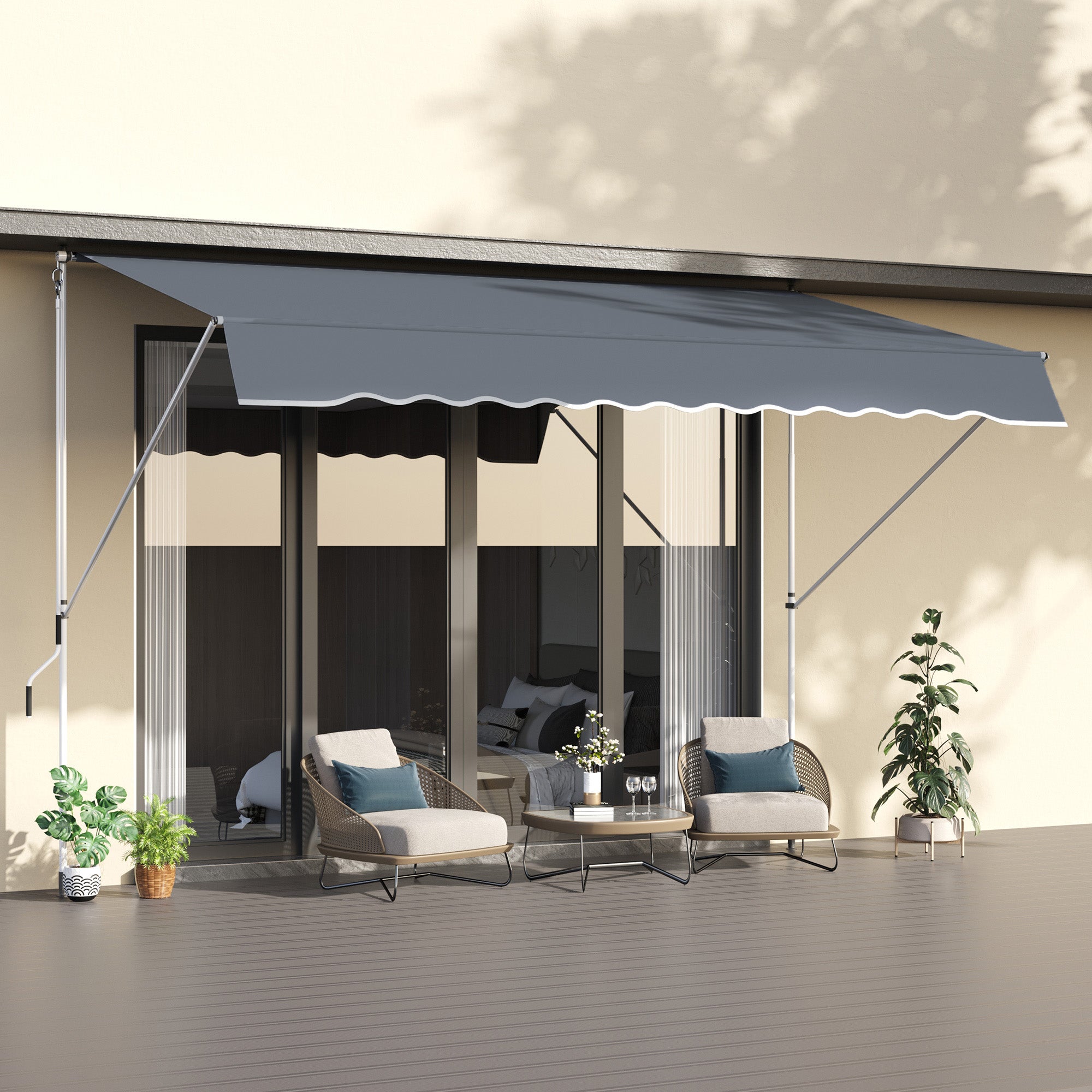 Awning with Roller Arms with Crank and Telescopic Structure, 4x1.2m, Gray