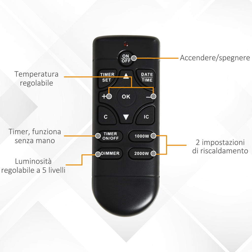 1000W and 2000W Electric Fireplace, 5-Level LED Flame Effect, Remote Control, White Tempered Glass, 102x30x95cm