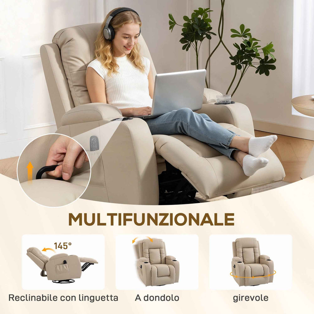 HOMCOM Heated Massage Recliner, 8 Massage Points and 3 Modes with Remote Control, PU Leather, Cream