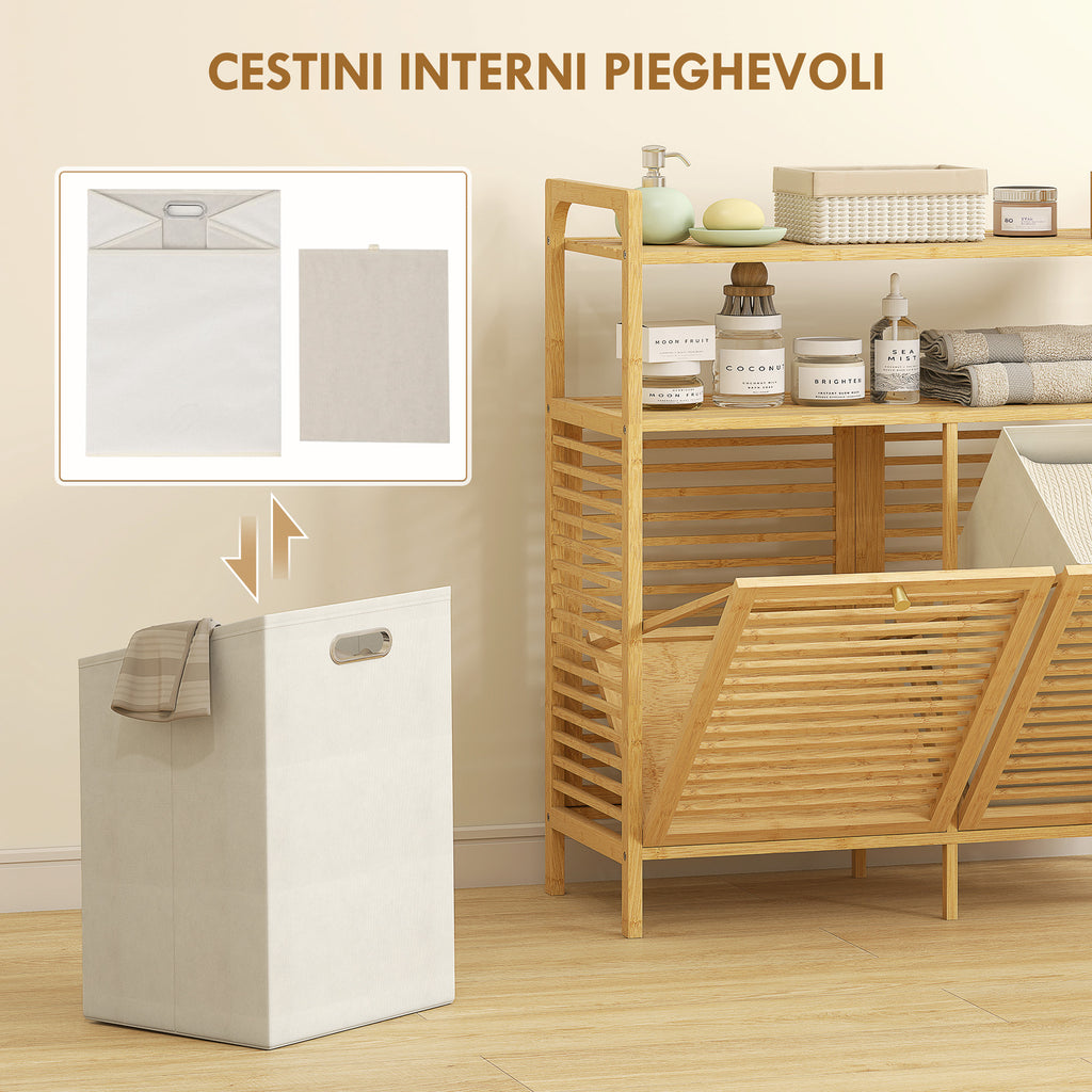 Bamboo and Polyester Laundry Hamper with 2 x 41L Baskets and 2 Shelves, 82 x 33 x 88 cm, Wood and Cream Color
