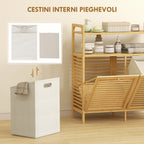 Bamboo and Polyester Laundry Hamper with 2 x 41L Baskets and 2 Shelves, 82 x 33 x 88 cm, Wood and Cream Color