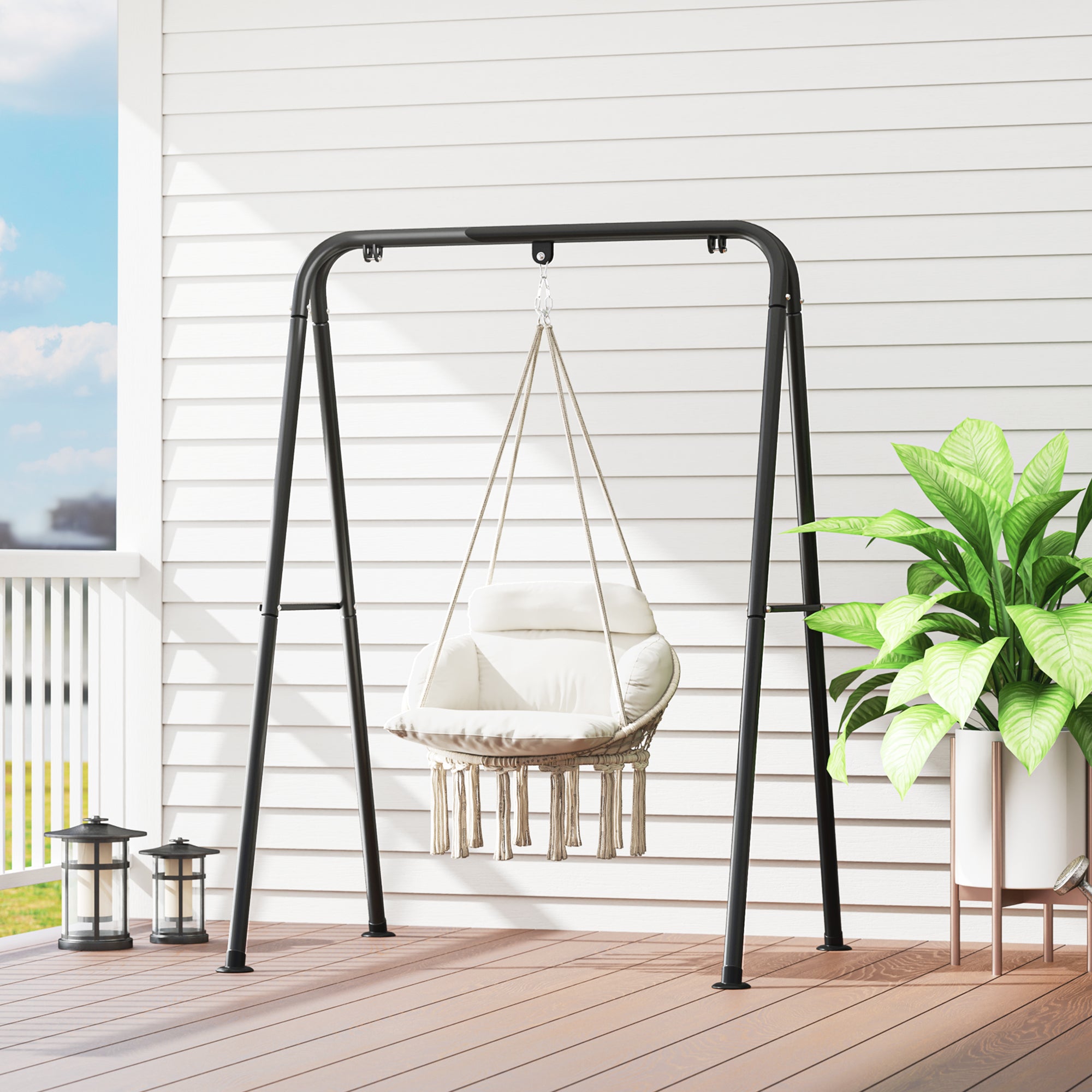 Boho Style Hanging Armchair with Cushion, in Steel, Cotton and Polyester, 80x60x40 cm, Cream White