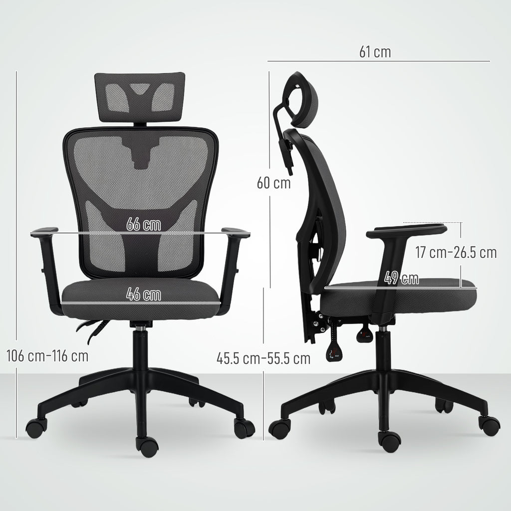Ergonomic and Adjustable Office Chair with Lumbar Support and Headrest, 66x61x106-116 cm, Grey