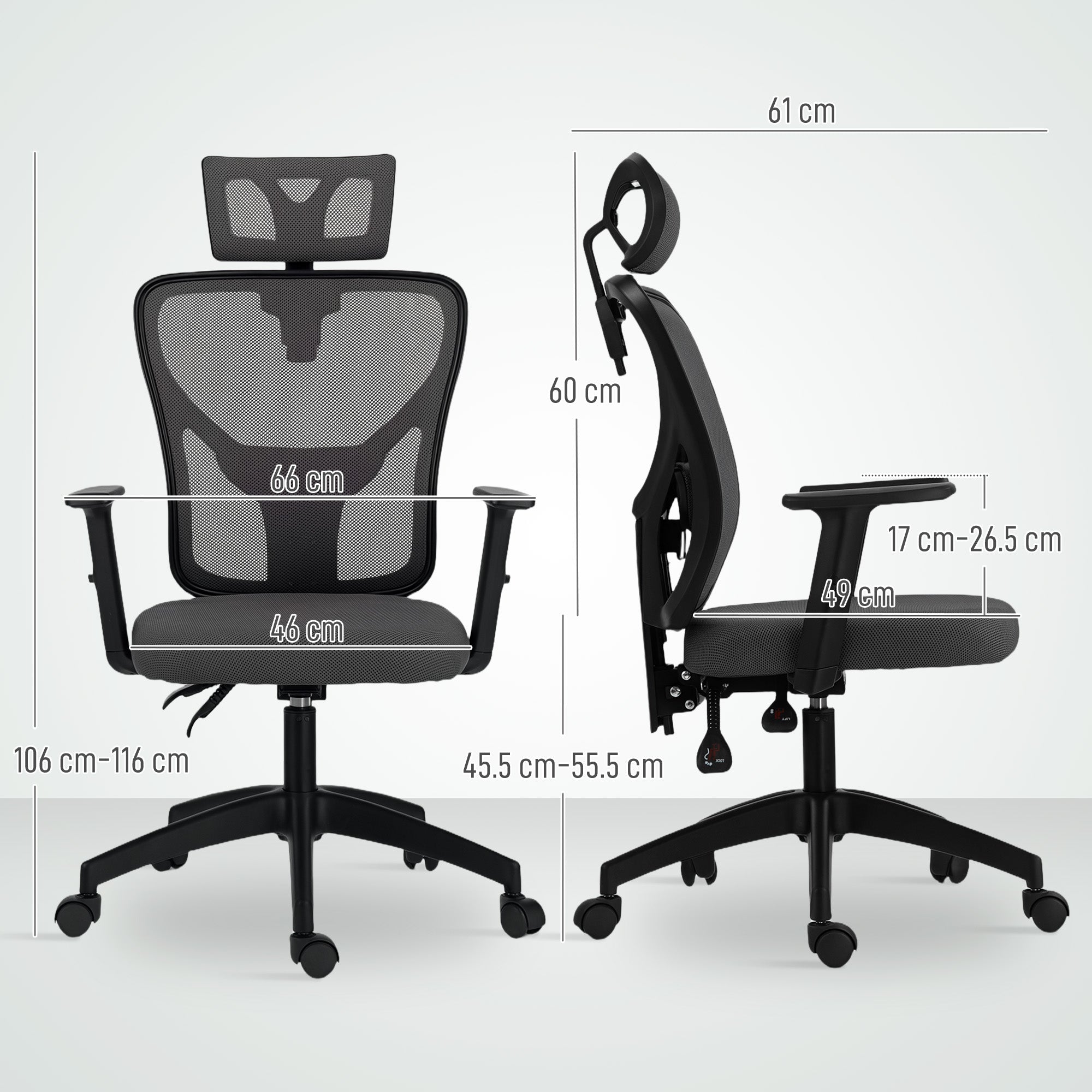 Ergonomic and Adjustable Office Chair with Lumbar Support and Headrest, 66x61x106-116 cm, Grey