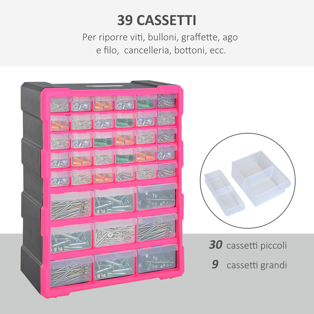 Plastic Drawer Cabinet for Small Parts with 39 Transparent Drawers, Wall or Floor Mounting 38x16x47.5cm Pink