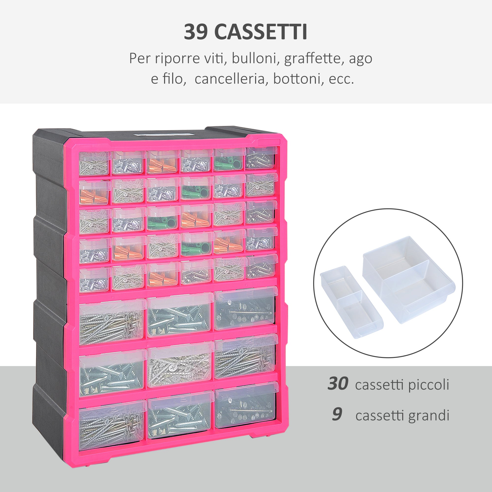 Plastic Drawer Cabinet for Small Parts with 39 Transparent Drawers, Wall or Floor Mounting 38x16x47.5cm Pink