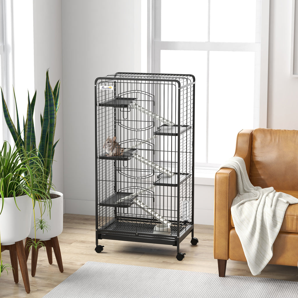 Small Animal Cage with Wheels, 5 Ramps and 5 Platforms, Bowl and Bottle, 61.5x44x131 cm, Black